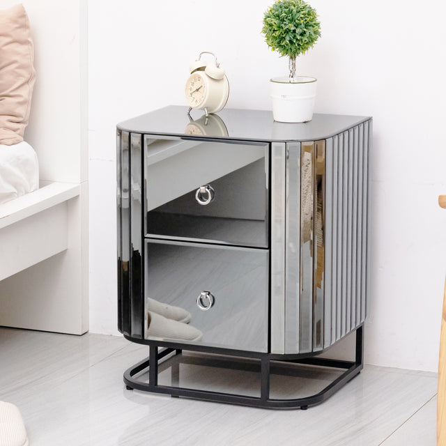 Mirrored Nightstand, Mirrored Bedside Table, Grey End Table for Bedroom, Living Room (Black Iron Frame)