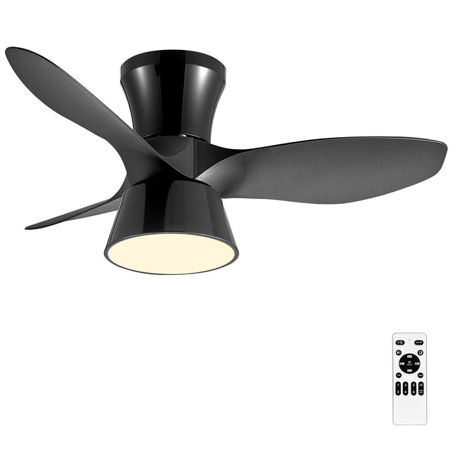 32 Inch Black Flush Mount Ceiling Fan with Light