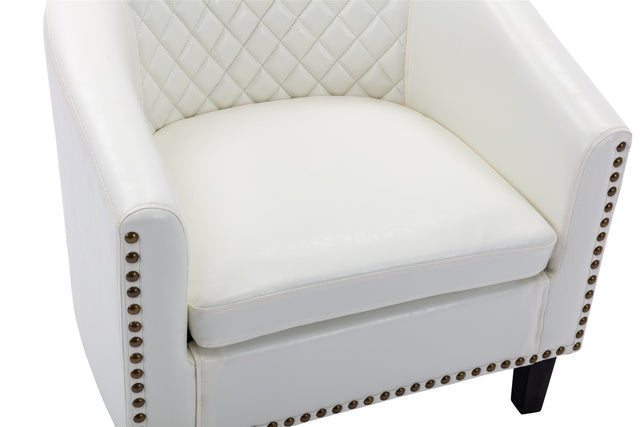 COOLMORE accent Barrel chair living room chair with nailheads and solid wood legs  white  pu leather