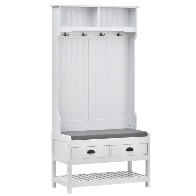 U-Can Hall Tree with 4 Hooks and Hinged Lid, Coat Hanger, Entryway Bench, Storage Bench, 3-in-1 Design, 69INCH, for Entrance, Hallway (White)