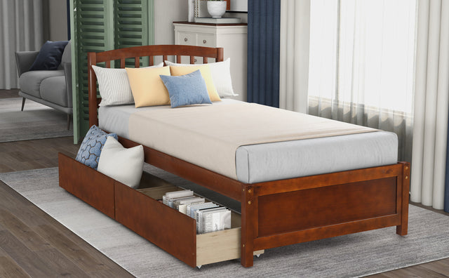 Twin Platform Storage Bed Wood Bed Frame with Two Drawers and Headboard, Walnut（Previous SKU: SF000062DAA）
