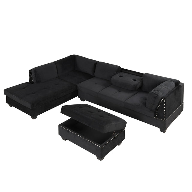 104.5" Reversible Sectional Sofa Space Saving with Storage Ottoman Rivet Ornament L-shape Couch for Small or Large Space Dorm Apartment,Black(旧SG000406AAA)