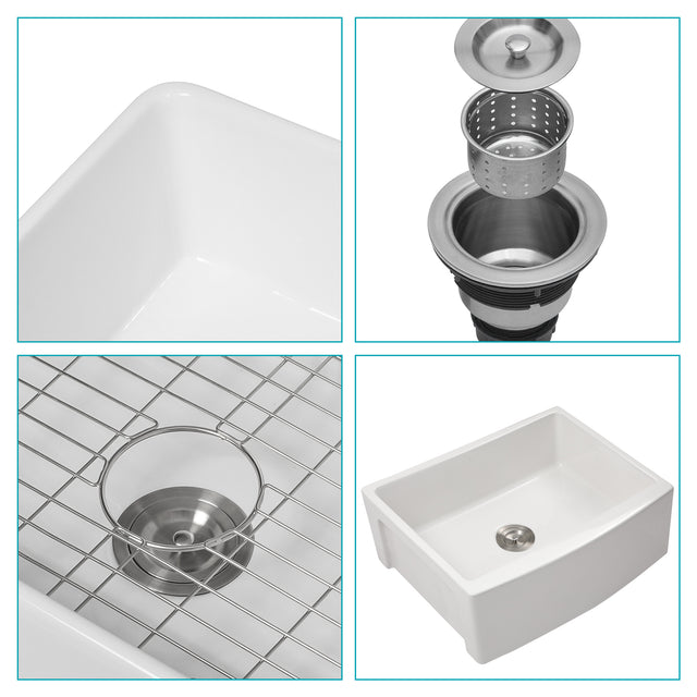 Small Farmhouse Sink -24 inch Kitchen Sink White Apron-Front Ceramic Single Bowl Small Reversible Farm Sink Laundry Room Sink