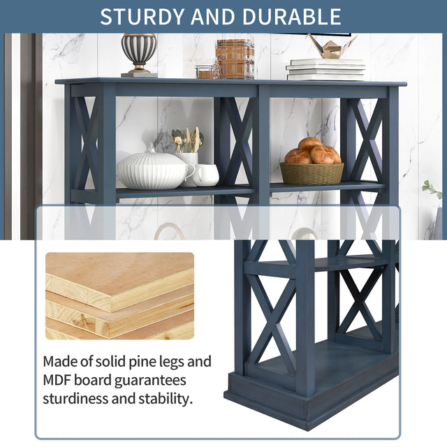 TREXM Console Table with 3-Tier Open Storage Spaces and "X" Legs, Narrow Sofa Entry Table for Living Room, Entryway and Hallway (Navy Blue)