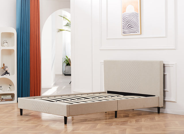 Full Size Platform Bed Frame with Fabric Upholstered Headboard and Wooden Slats Support, Fully Upholstered Mattress Foundation/No Box Spring Needed/Easy Assembly, Beige