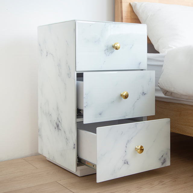 Glass Nightstand, Marble Nightstand with 3 Drawers,Side Table for Bedroom, Living Room(Tempered Glass)