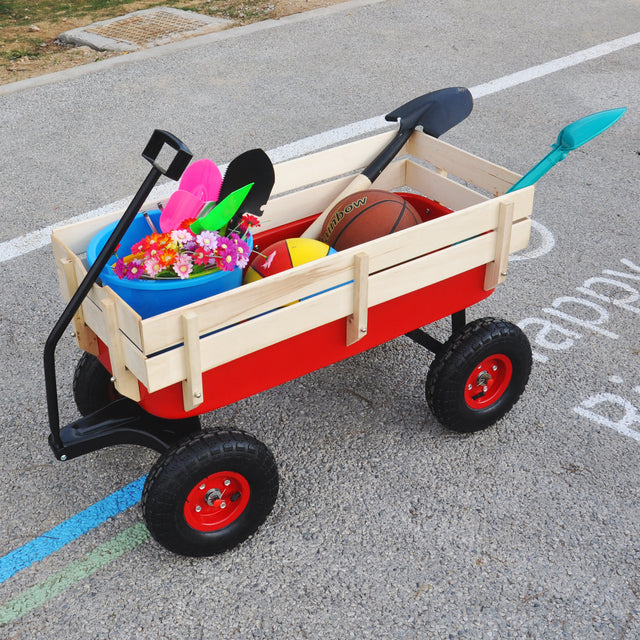 Outdoor Wagon All Terrain Pulling w/Wood Railing Air Tires Children Kid Garden（Red）