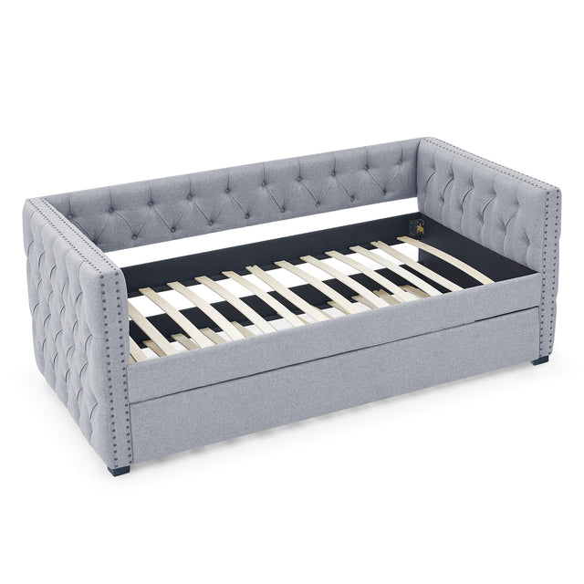Daybed with Trundle Upholstered Tufted Sofa Bed, with Button and Copper Nail on Square Arms，both Twin Size, Grey（85“x42.5”x31.5“）（Old SKU W487S00045）