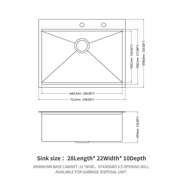 28 in Kitchen Sink Stainless Steel 16 Gauge Ledge Workstation Sink Drop-in Topmount Single Bowl Single Bowl Sink