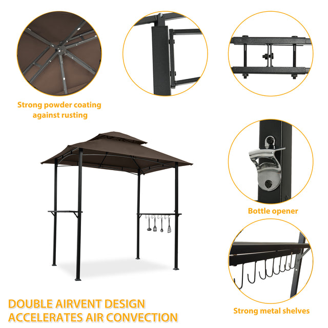 Outdoor Grill Gazebo 8 x 5 Ft, Shelter Tent, Double Tier Soft Top Canopy and Steel Frame with hook and Bar Counters, -Brown