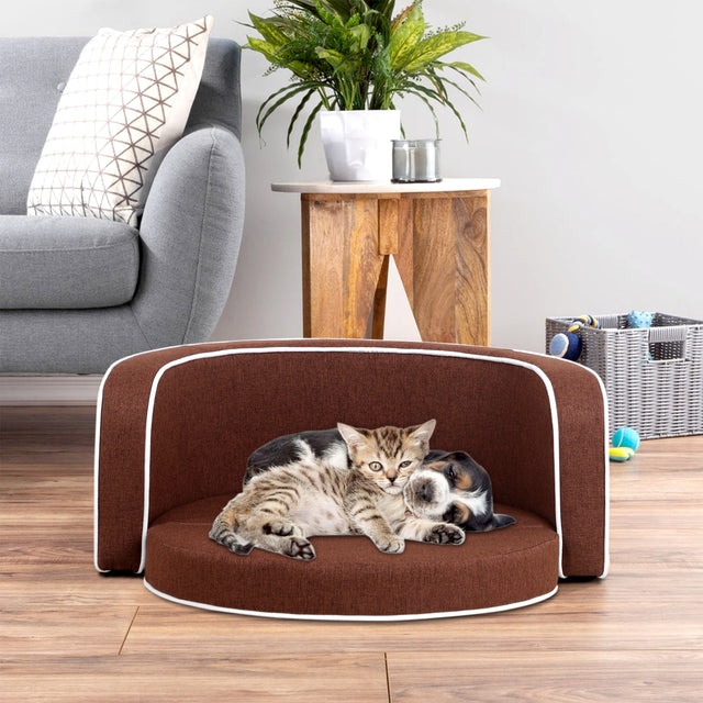 30" Brown Round Pet Sofa, Dog sofa, Dog bed, Cat Bed, Cat Sofa, with Wooden Structure and Linen Goods White Roller Lines on the Edges Curved Appearance pet Sofa with Cushion