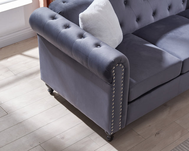 Loveseat  Living Room Sofa, with Button and Copper Nail on Arms and Back, Two White Villose Pillow, Velvet Grey (60"x34.5"x30")