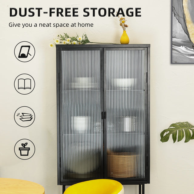 Retro Style Fluted Glass High Cabinet Storage Dual Doors Three Detachable Wide Shelves Enclosed Dust-free Storage for Living Room Bathroom Dining Room Kitchen Room Entryway,BLACK (OLD SKU:W68734128)