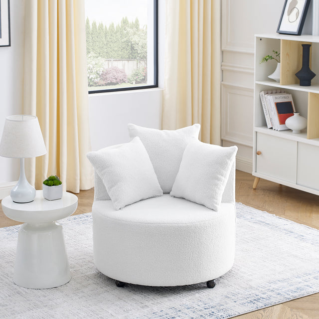 Teddy Fabric Swivel Accent Backchair Upholstered Luxury Lounge Chair for Living Room Bedroom, with Movable Wheels, Including 3 Pillows,White