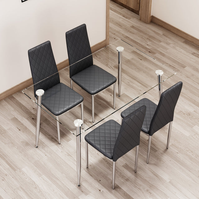 Glass dining table, dining chair set, 4 black dining chairs and 1 dining table Table size 47 "W x 29" D x 30 "H
