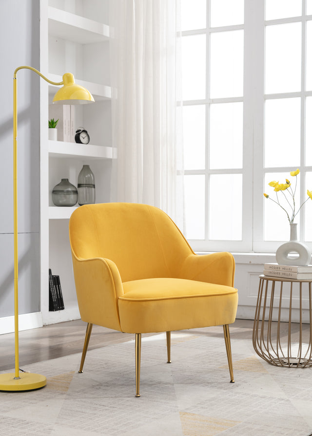 Modern Ergonomics Soft Velvet Fabric Material Accent Chair With Gold Legs And Adjustable Feet Screws For Indoor Home Living Room,Yellow