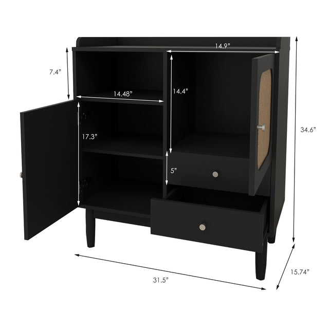 Sideboard Cabinet Display Buffet Storage Cabinet with 2 Woven Cane Doors，2 Drawers and 1 Storage Shelf-black