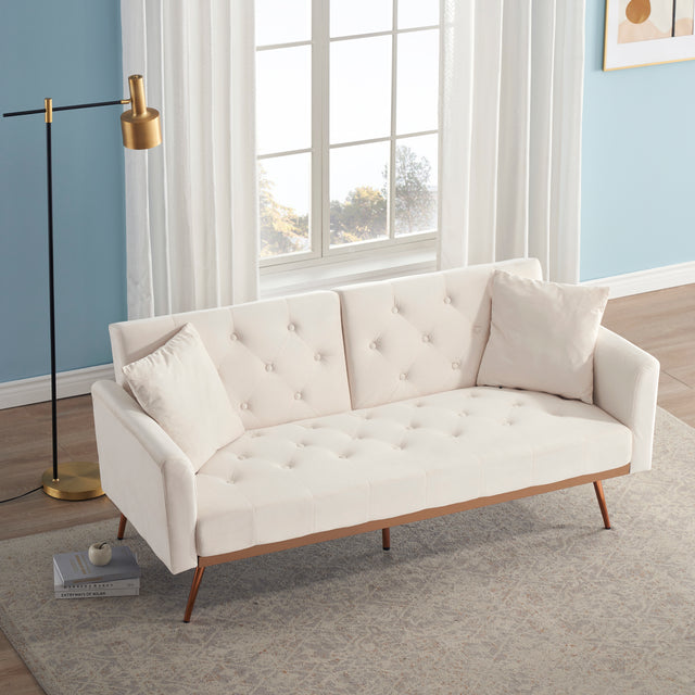 Beige Folding Living Room Sofa Bed with Midfoot Including Two Pillows