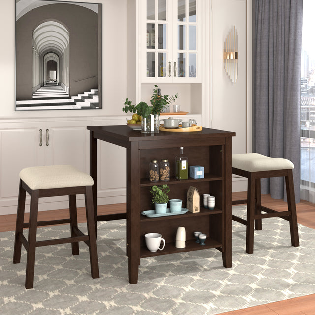 TOPMAX 3 Piece Dining Table with Padded Stools, Table Set with Storage Shelf,Brown