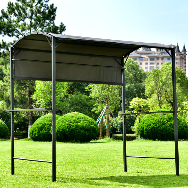 TOPMAX Outdoor 7Ft.Wx4.5Ft.L Iron Double Tiered Backyard Patio BBQ Grill Gazebo with Side Awning, Bar Counters and Hooks, Gray