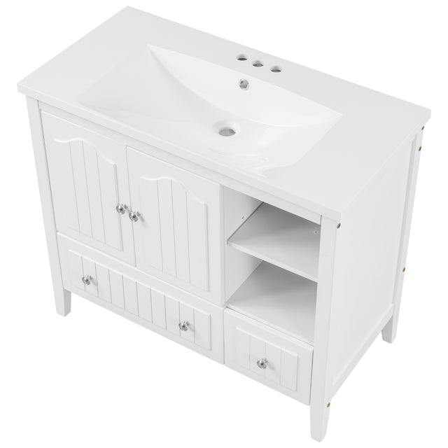 [VIDEO] 36" Bathroom Vanity with Ceramic Basin, Bathroom Storage Cabinet with Two Doors and Drawers, Solid Frame, Metal Handles, White