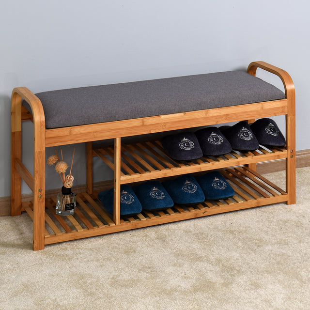Living Room Bamboo Storage Bench， Entryway 3 Shelves Bench with flip storage compartment 39.37 x 13 x 19.88 inch
