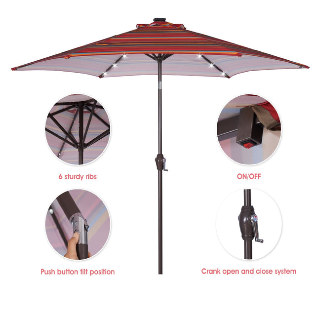 Outdoor Patio 8.7-Feet Market Table Umbrella with Push Button Tilt and Crank, Red Stripes With 24 LED Lights[Umbrella Base is not Included]