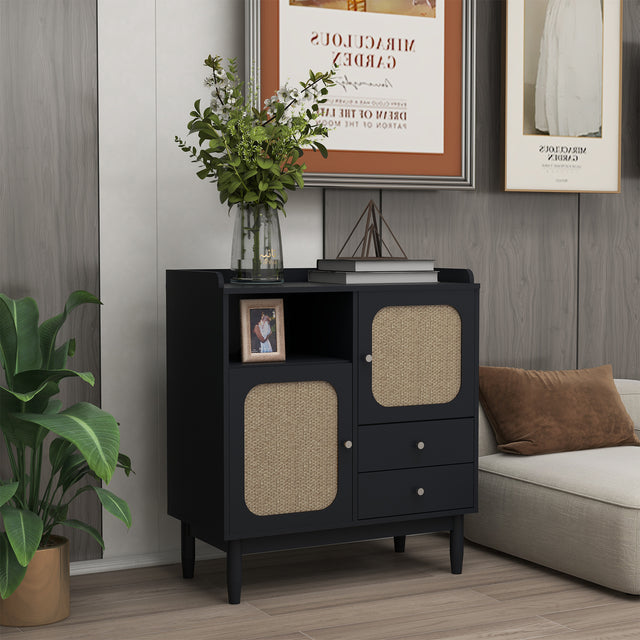 Sideboard Cabinet Display Buffet Storage Cabinet with 2 Woven Cane Doors，2 Drawers and 1 Storage Shelf-black