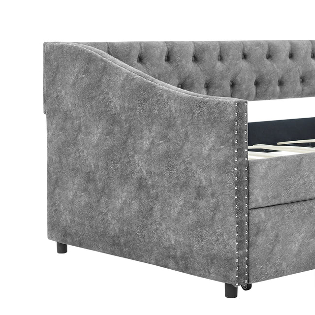 Twin Size Daybed with Drawers Upholstered Tufted Sofa Bed, with Button on Back and Copper Nail on Waved Shape Arms，Grey（81.5“x41”x30.5“）