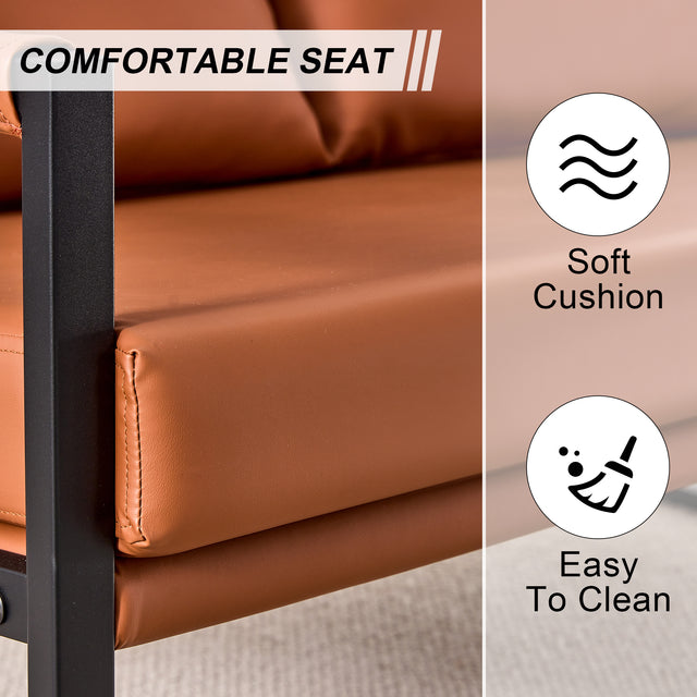 Modern Two-Seater Sofa Chair with 2 Pillows - PU Leather, High-Density Foam, Black Coated Metal Frame.Brown