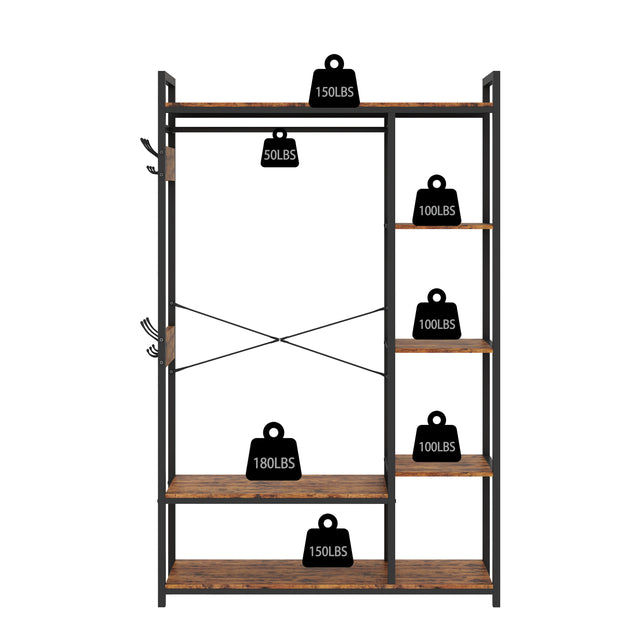 JHX Organized Garment Rack with Storage, Free-Standing Closet System with Open Shelves and Hanging Rod(Rustic Brown,45.3’’w x 15.75’’d x 70.08’’h).