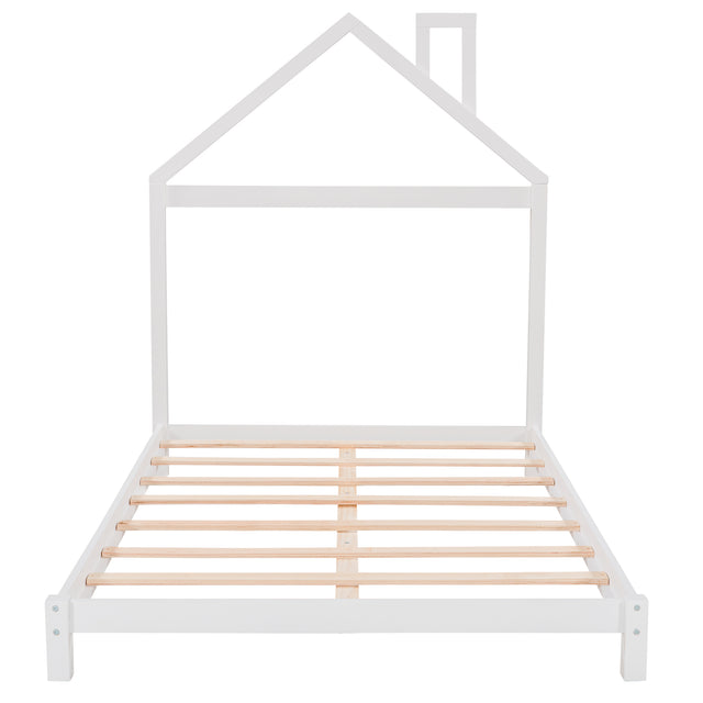 Full Size Wood Platform Bed with House-shaped Headboard  (White)