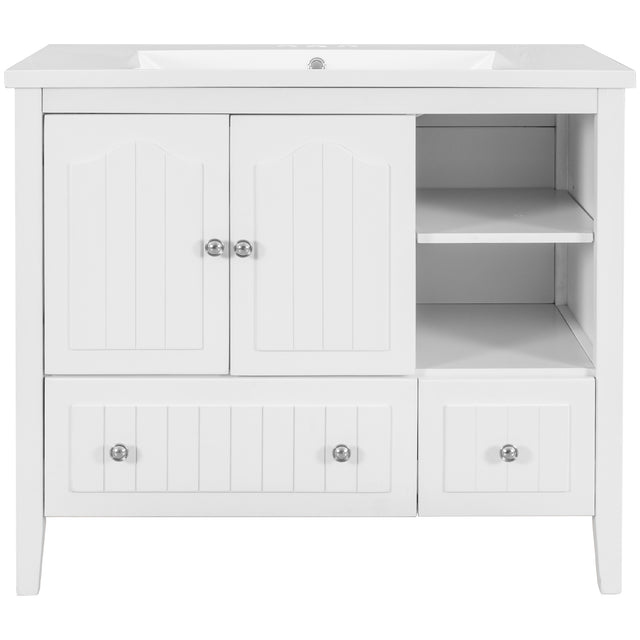 [VIDEO] 36" Bathroom Vanity with Ceramic Basin, Bathroom Storage Cabinet with Two Doors and Drawers, Solid Frame, Metal Handles, White
