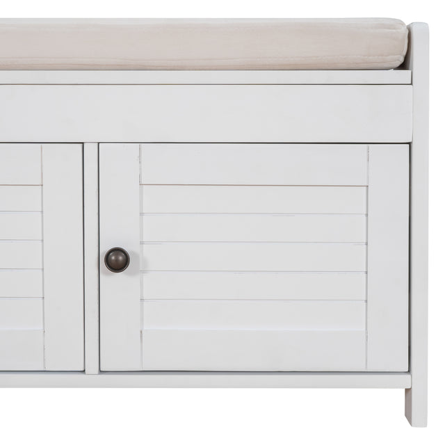 TREXM  Storage Bench with 3 Shutter-shaped Doors,  Shoe Bench with Removable Cushion and Hidden Storage Space (White)
