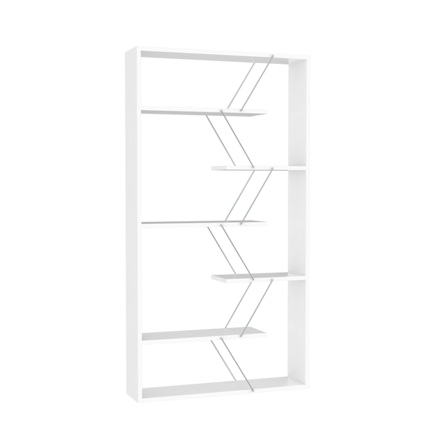 Furnish Home Store Wood Frame Etagere Open Back 6 Shelves Bookcase Industrial Bookshelf for Office and Living Rooms Modern Bookcases Large Bookshelf Organizer, White/Chrome