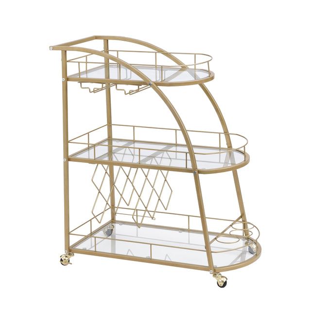 Golden Mobile Bar Cart Serving Wine Cart with Wheels, 3-tier Metal Frame Elegant Wine Rack for Kitchen, Party, Dining Room and Living Room