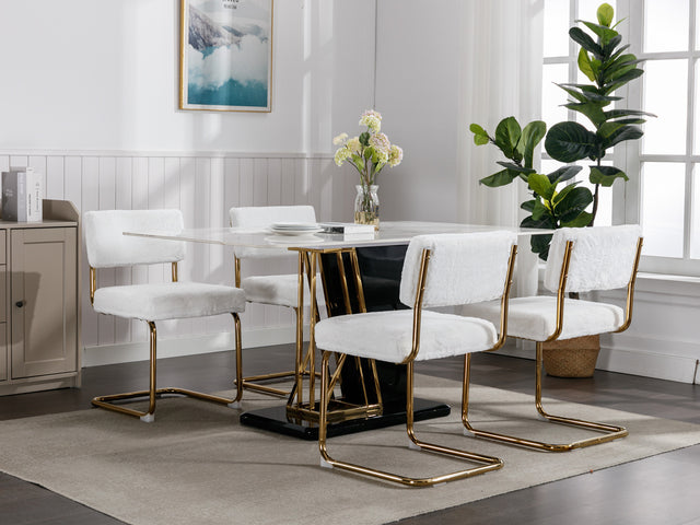 A&A Furniture,Modern Dining Chairs with Artificial Rabbit Hair,Gold Metal Base, Accent Armless Kitchen Chairs with Channel Tufting, Upholstered Fake Fur Fabric Side Chairs, Set of 2, White