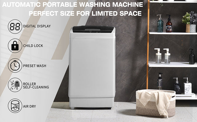 Top Loading Compact Fully Automatic Washing Machine, 1.24 Cu.ft, with LED Display, 8 Water Levels, 10 Wash Programs, Wash Schedule, Tub Air Dry, Tub Self Clean, Child Lock，Dorms, RVs, Camping