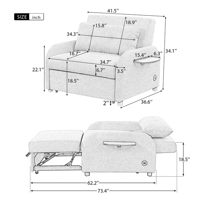 pull out sofa sleeper 3 in 1 with 2 wing table and usb charge for nap line fabric for living room recreation room Beige