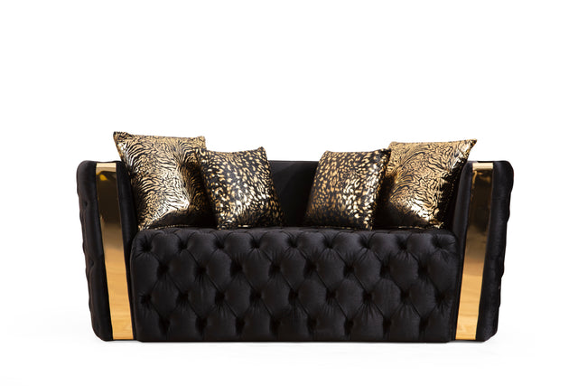 Naomi Button Tufted Loveseat with Velvet Fabric and Gold Accent in Black