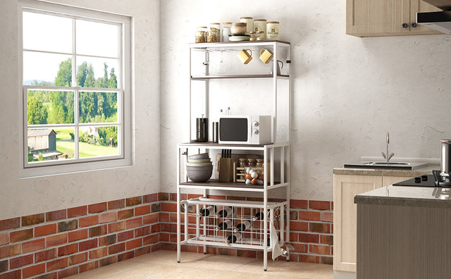 TOPMAX Updated Industrial Modern 5-Tier Baker Rack, Freestanding Bar Wine Rack Table with Glass& Cup Holders&Hooks,  Dark Brown