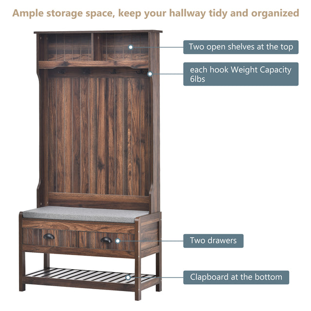 U-Can Hall Tree with 4 Hooks and Hinged Lid, Coat Hanger, Entryway Bench, Storage Bench, 3-in-1 Design, 69INCH, for Entrance, Hallway (Tiger)