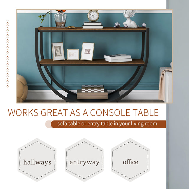 TREXM Rustic Industrial Design Demilune Shape Textured Metal Distressed Wood Console Table (Brown)