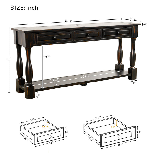 TREXM Console Table 64" Long Extra-thick Sofa Table with Drawers and Shelf for Entryway, Hallway, Living Room (Distressed Black)