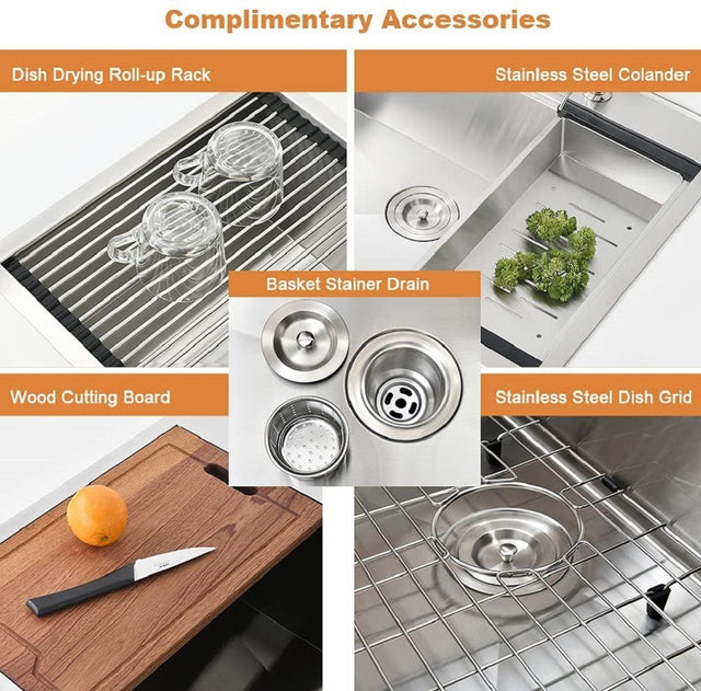 Workstation 33-inch Drop-In 16 Gauge Kitchen Sink R10 Radius Stainless Steel Kitchen Sink Single Bowl with Intergrated Ledge & Accessories (Pack of 5) -33"x22"x10"
