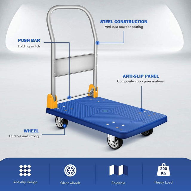 YSSOA Platform Truck with 440lb Weight Capacity and 360 Degree Swivel Wheels, Foldable Push Hand Cart for Loading and Storage, Blue