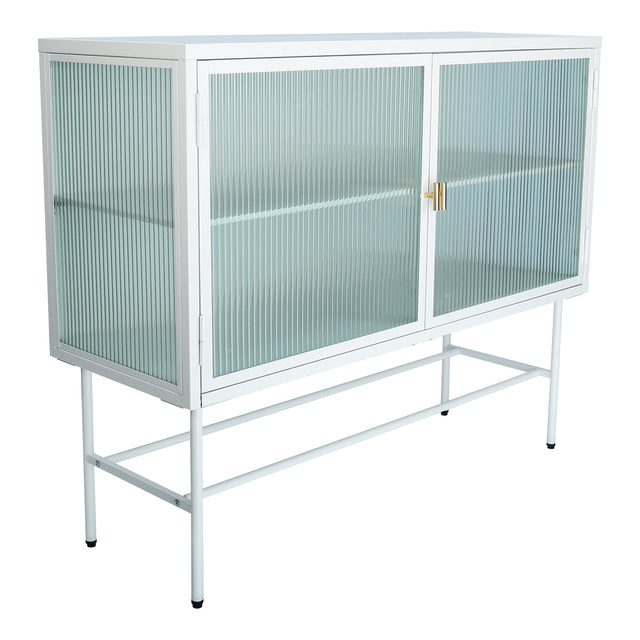 White Sideboard Storage Cabinet With Two Fluted Glass Doors Detachable Shelves Bottom Space for Living Room, Office, Dinging Room and Entryway