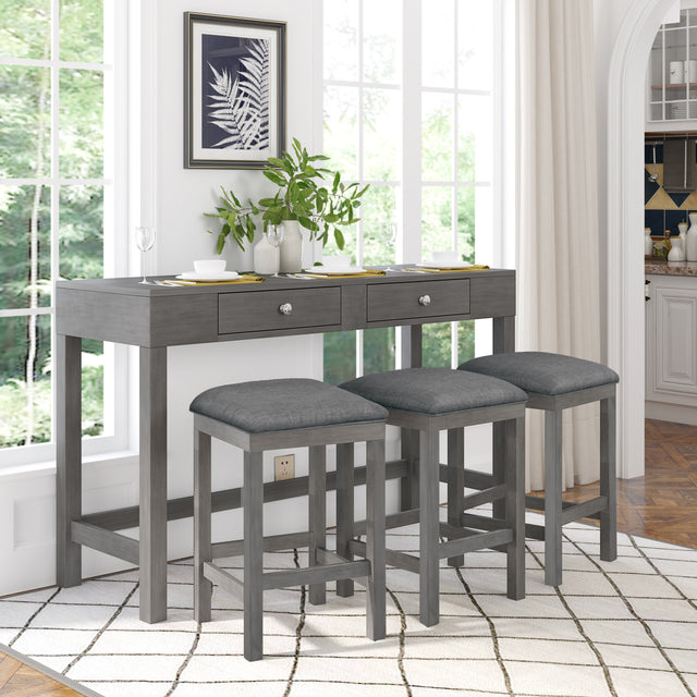 TOPMAX 4-Piece Counter Height Table Set with Socket and Fabric Padded Stools, Gray