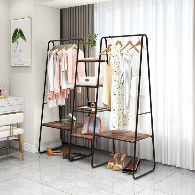 Metal Clothing Rack Garment ,Clothing Rack with 6 Shelves, 4 -Tiers Wood Shelves Heavy Duty Clothes Rack  for Hanging Clothes,Standing Coat Rack,Bedroom Clothes Storage and Organizer,Black