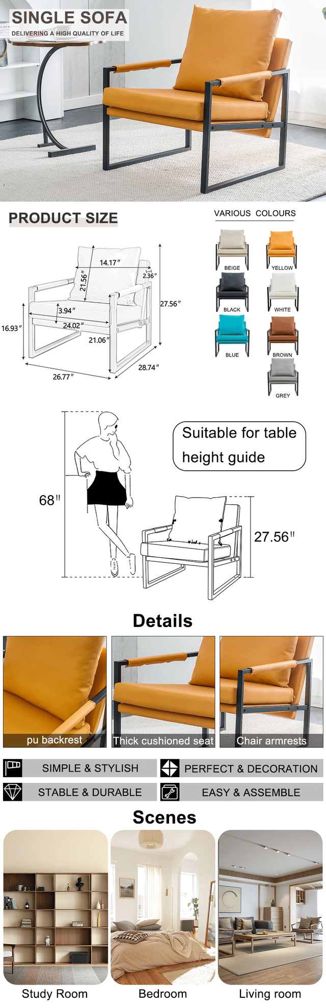 PU Leather Accent Arm Chair Mid Century Modern Upholstered Armchair with Metal Frame Extra-Thick Padded Backrest and Seat Cushion Sofa Chairs for Living Room ( orange PU Leather + Metal Frame + Foam)